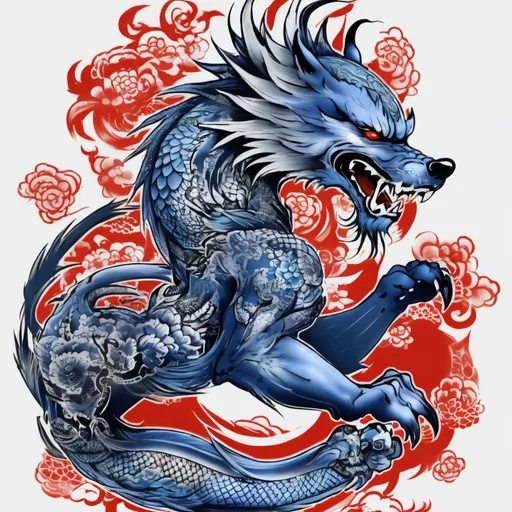 Prompt: Japanese yakuza Back tattoo, Blue Dragon style Wolf. 