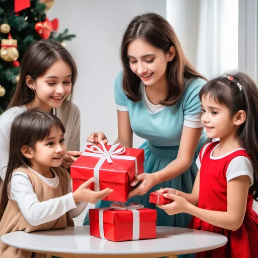 Prompt: Cute ladies are offering gifts to the children in their house.