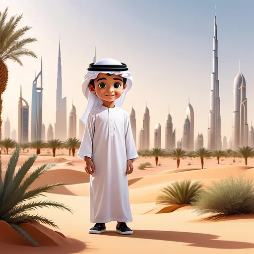 Prompt: a young boy cartoon character slim smart active , wearing UAE national dress in white dresses without embriodry . background Dubai buildings and Desert and bushes