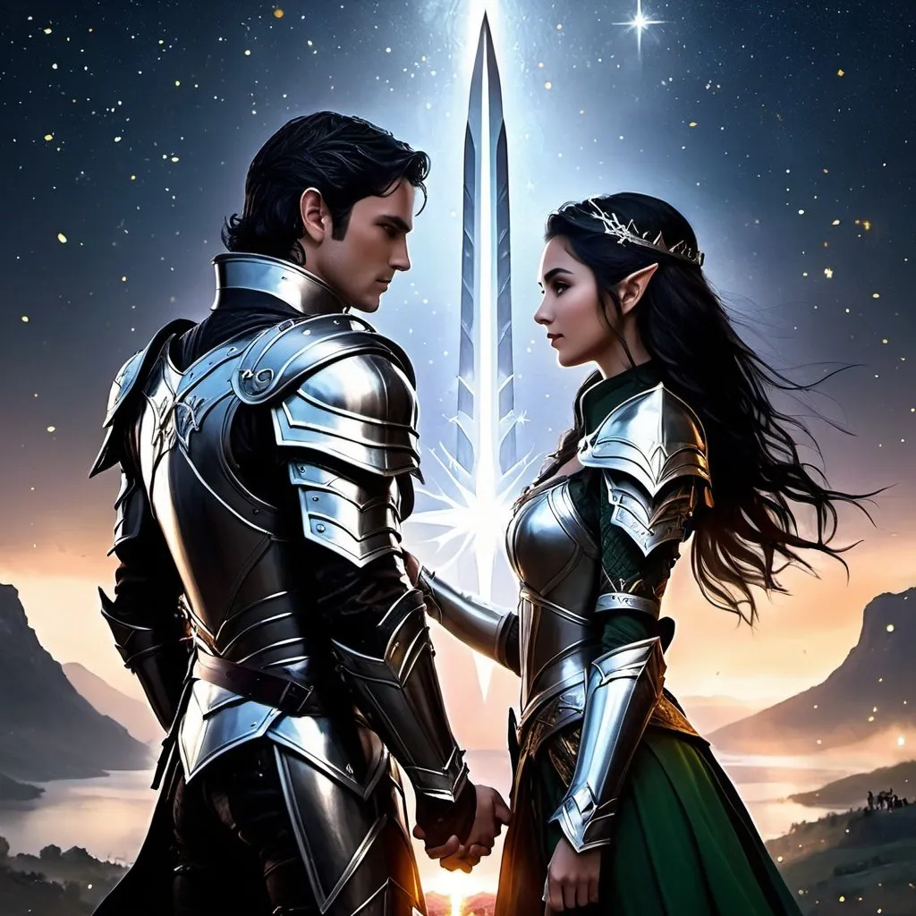 Prompt: epic fantasy, elf couple, warriors, steel armor, black hair, holding hands, battlefield, starlight