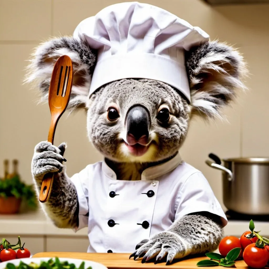 Prompt: koala, cute, smiling, cooking, chef's hat, sampling the cooking