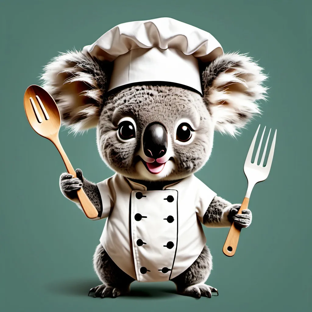 Prompt: koala, cute, smiling, cooking, chef's hat, holding pan and fork