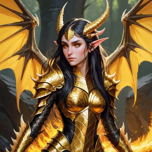 Prompt: DnD fantasy art, full body, female elf, golden dragon horns, black long hair, pointy ears, golden scales armor, huge golden dragon wings, vibrant color, high quality, epic fantasy, traditional art, high quality details