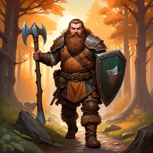 Prompt: DnD fantasy art, full body, dwarf male, ranger, walking, brown hair, brown long beard, light leather armor, holding axe and shield, leather belt, forest, sunset atmosphere, vibrant color, high quality, epic fantasy, traditional art, high quality details