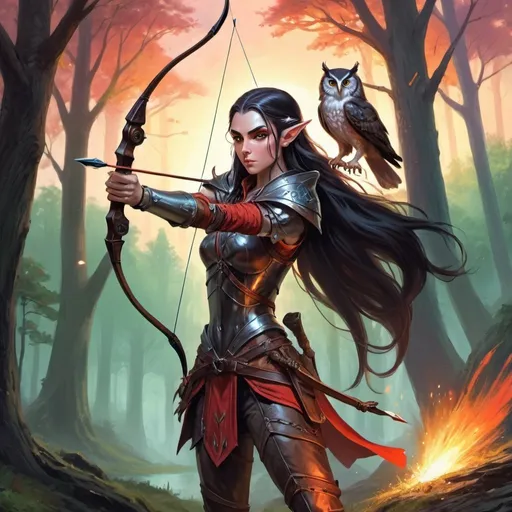 Prompt: DnD fantasy art, full body, female elf, archer, firing arrows, epic posture, black flowing long hair, pointy ears, light leather armor, hovering tiny owl compagnon, forest, sunset atmosphere, vibrant color, high quality, epic fantasy, traditional art, high quality details