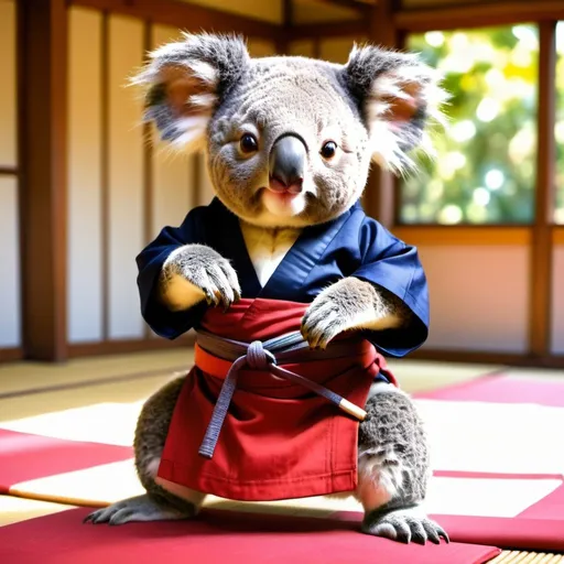 Prompt: koala, cute, wearing a hakama, doing japanese martial arts, traditionnal japanese dojo, vibrant colors, sunlight