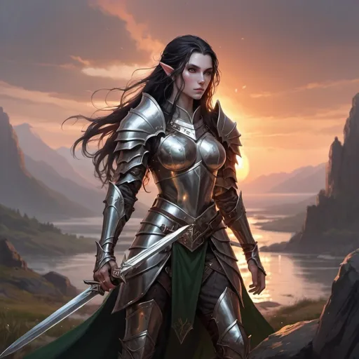 Prompt: DnD, elf warrior, dark long hair, pale skin, light steel armor, sword, epic posture, battle ambience, sunset atmosphere