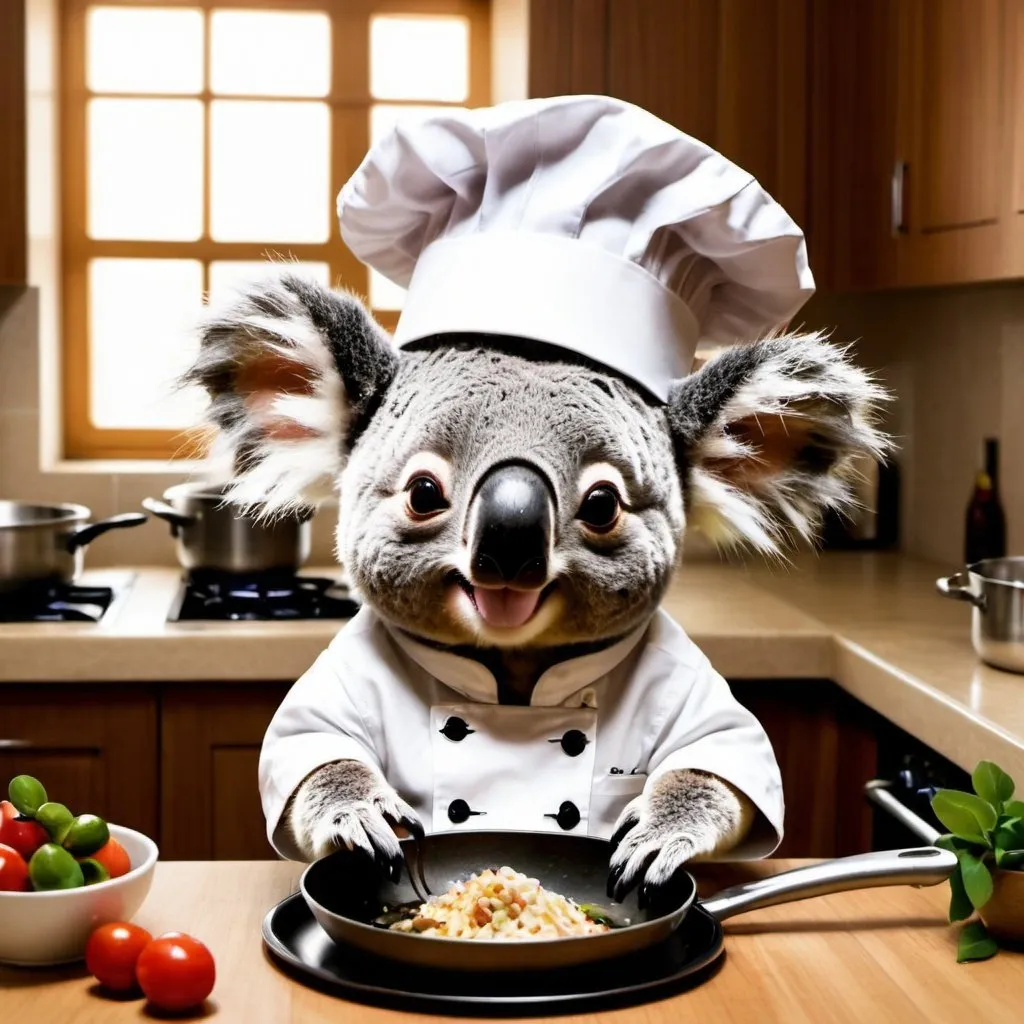 Prompt: koala, cute, smiling, cooking, chef's hat, sampling the cooking