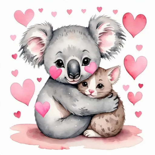 Prompt: cute koala with cute kitten, snuggling, pink hearts, drawing, watercolor