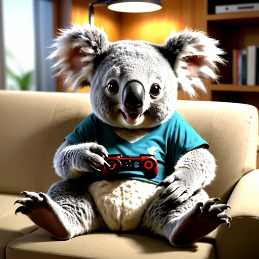 Prompt: koala, cute, smiling, enjoying themselves, playing video games, computer gaming, sitting on a sofa