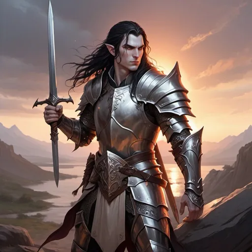 Prompt: DnD, male elf warrior, dark long hair, pale skin, light steel armor, epic posture, battle ambience, sunset atmosphere