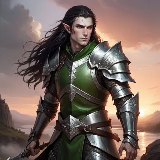 Prompt: DnD, male elf warrior, dark long hair, pale skin, green eyes, light steel armor, epic posture, battle ambience, sunset atmosphere