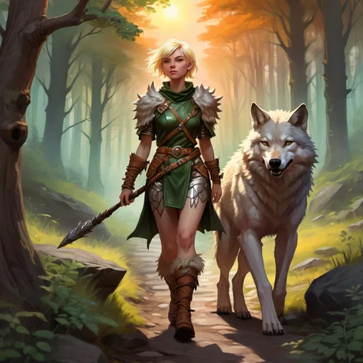 Prompt: DnD fantasy art, full body, female human, druid, walking, blond short hair, light leather armor, holding staff, herbs bag, potions on a leather belt, forest, sunset atmosphere, wolf walking beside, vibrant color, high quality, epic fantasy, traditional art, high quality details