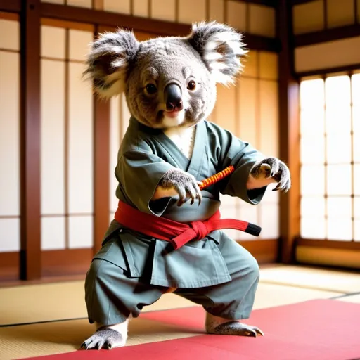 Prompt: koala, cute, wearing a hakama, doing japanese martial arts, traditionnal japanese dojo, vibrant colors, sunlight