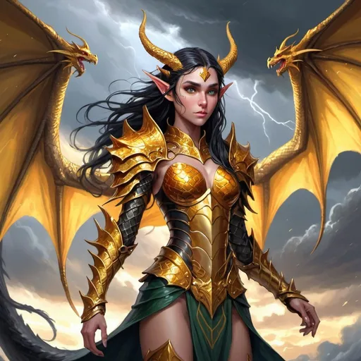 Prompt: DnD fantasy art, full body, female elf, golden dragon horns, black long hair, pointy ears, golden scales armor, huge golden dragon wings, flying in a stormy sky, vibrant color, high quality, epic fantasy, traditional art, high quality details