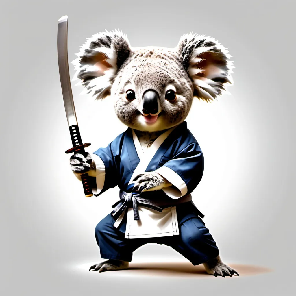 Prompt: koala, cute, smiling, practising martial arts, holding katana, wearing hakama