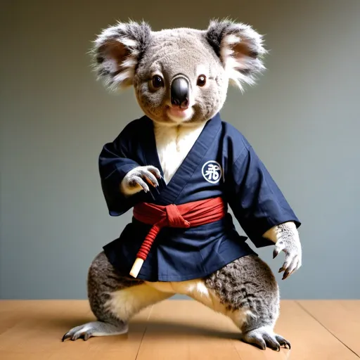 Prompt: koala, cute, wearing a hakama, doing japanese martial arts