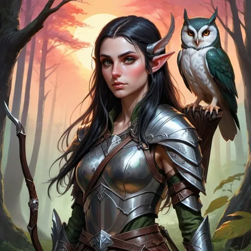 Prompt: DnD fantasy art, half body, female elf archer, epic posture, black long hair, pointy ears, light steel armor, forest, sunset atmosphere, tiny owl on shoulder, vibrant color, high quality, epic fantasy, traditional art, high quality details