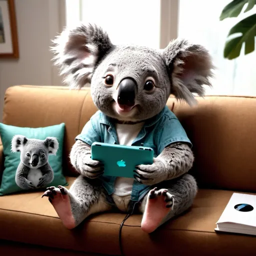 Prompt: drawing, aquacolor, koala, cute, smiling, playing video games, sitting on a sofa