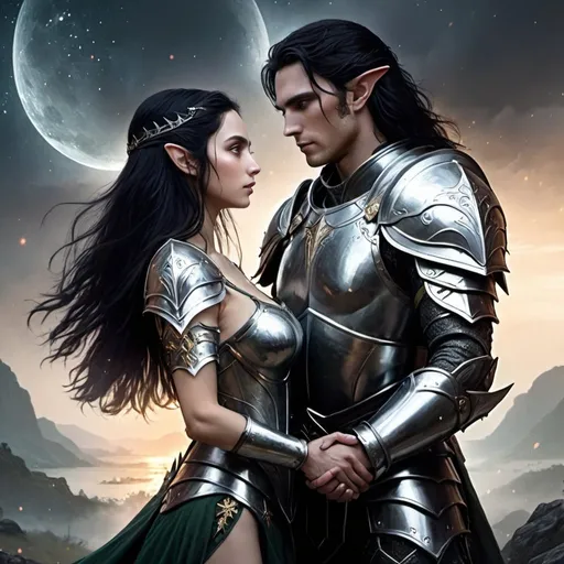 Prompt: epic fantasy, elf couple, warriors, steel armor, long black hair, holding hands, battlefield, starlight