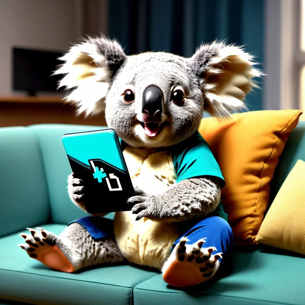 Prompt: koala, cute, smiling, enjoying themselves, playing video games, computer gaming, sitting on a sofa