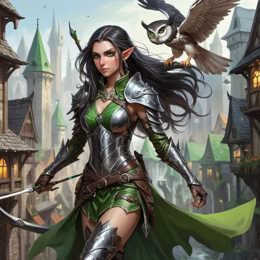 Prompt: DnD fantasy art, full body, female elf, archer, black flowing long hair, pointy ears, green eyes, light steel leather armor, tiny owl flying, DnD city ambience, vibrant color, epic fantasy, traditional art, high quality details