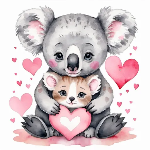 Prompt: cute koala, cute little cat, snuggling, pink hearts, drawing, watercolor