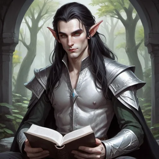 Prompt: DnD fantasy art, male elf, pale skin, lithe body, black long hair, pointy ears, gray eyes, silver clothes, reading, vibrant color, high quality, epic fantasy, traditional art, high quality details