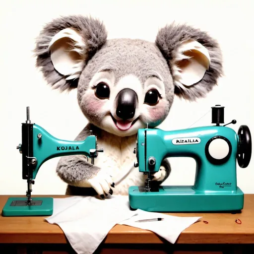 Prompt: drawing, aquacolor, cute koala, smiling, sewing, sewing machine