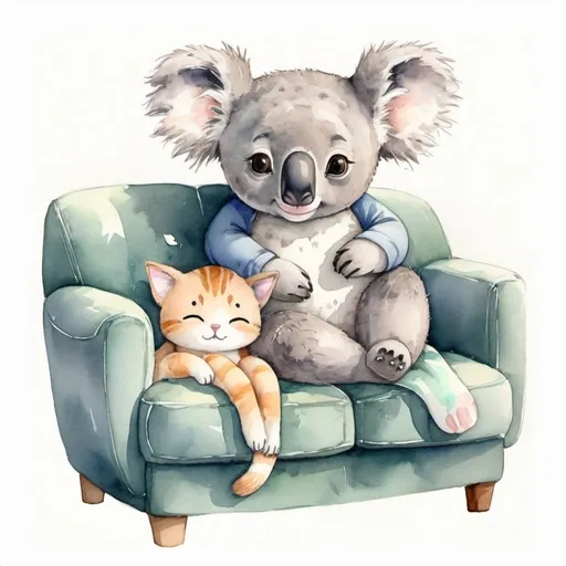 Prompt: cute koala, cute little cat, snuggling, love seat, drawing, watercolor