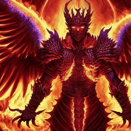 Prompt: Greek god made of fire with wings made of fire and he is wearing red scaled armor, his eyes are glowing purple, each hand has five fingers and he has two hands