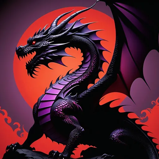 Prompt: Beautiful black, red, and purple dragon silhouette