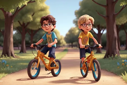 Prompt: two 10 years old boys, riding a bicycles, riding fast, one dark hair with glasses and other blonde hair with no glasses, one white tee blue pants and other red tee brown pants, one red bicycle and other blue bicycle, extremely happy, joyful, sunny clear day, in the park, woods, birds,
3d, pixar style, digital,
full body, sunset, green and yellow color scheme, 8k, unreal engine, depth of field, wild camera angle