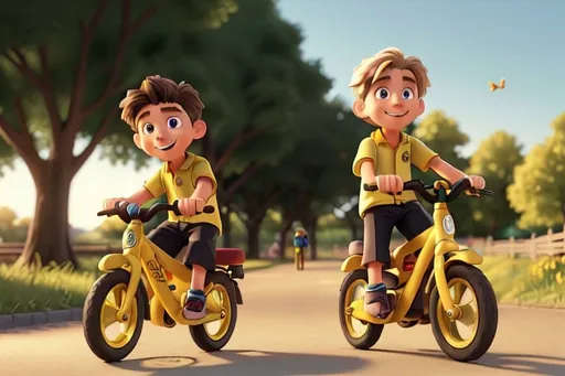 Prompt: two 10 years old boys, riding a bycicles, fast, one blonde hair and other dark hair, different clothes, extremely happy, joyful, sunny clear day, in the park, woods, birds,
3d, pixar style, digital,
full body, sunset, green and yellow color scheme, 8k, unreal engine, depth of field, wild camera angle