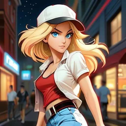 Prompt: (best-quality:0.8),
(best-quality:0.8), perfect anime illustration of Alice Garnet Nakata, pretty woman walking through the city, full body, masterpiece intricate hyperdetailed best quality flat color pastel mix pencil sketch, blonde hair, short hair, wearing red short pants, wearing long white tee with big black star in the chest, big red belt over t-shirt, black cap with text "Fatal Fury", cleavage, detailed face, blue eyes, night time, precise hard pencil strokes, thick and hard pencil outline, hyperdetailed 2D vector concept art picture, vector, illustration, character concept, full chest size