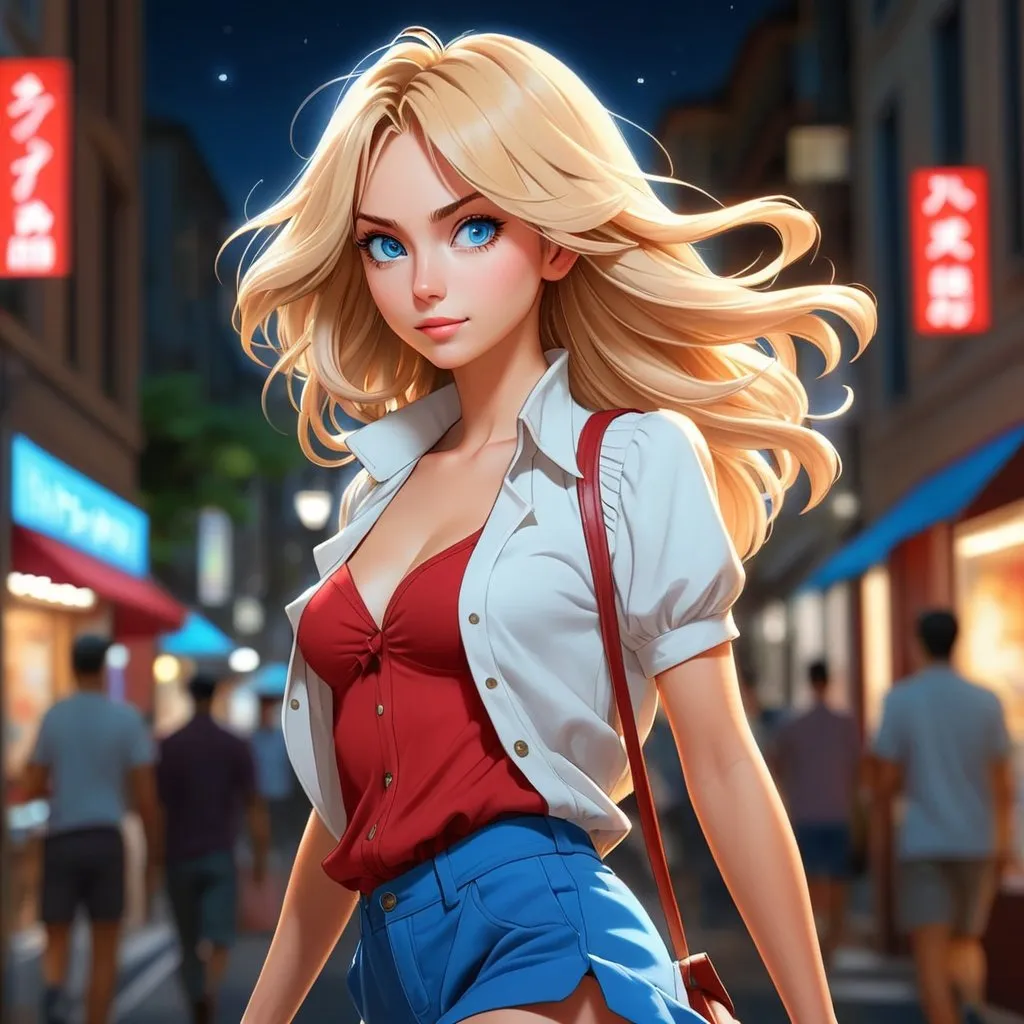 Prompt: (best-quality:0.8),
(best-quality:0.8), perfect anime illustration of Alice Garnet Nakata, pretty woman walking through the city, full body, masterpiece intricate hyperdetailed best quality flat color pastel mix pencil sketch, blonde hair, wearing red shorts, cleavage, detailed face, blue eyes, night time, precise hard pencil strokes, thick and hard pencil outline, hyperdetailed 2D vector concept art picture, vector, illustration, character concept