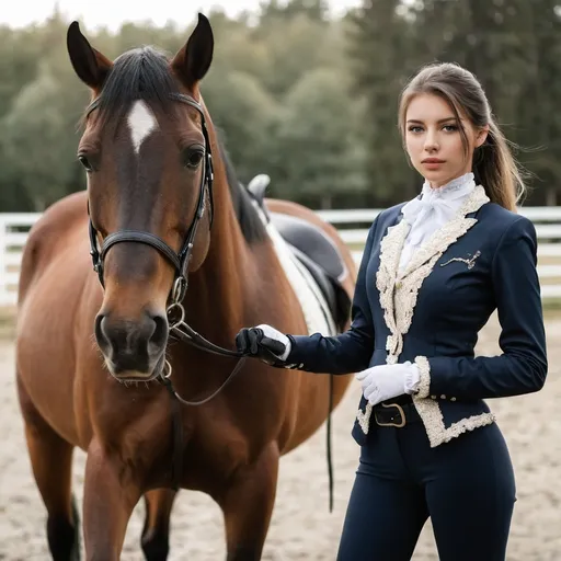 Prompt: A beatiful girl standing infront of a horse in a elegant horse riding outfit