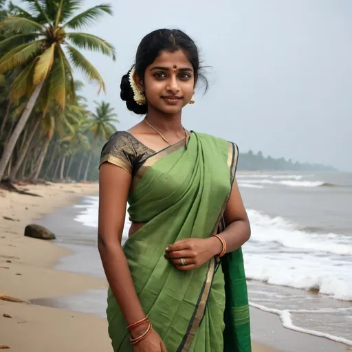 Prompt: a Kerala girl wearing a saree on a beach - realistic