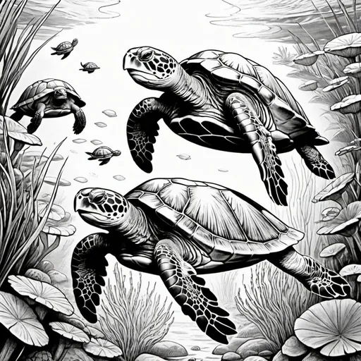 Prompt: black and white coloring page with strong lines Turtles 