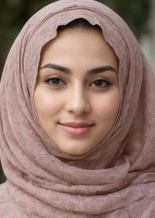 Prompt: attractive hijabi female, smile, floral lining, flirting, (((full body visible))), looking at viewer, portrait, huge chest, photography, hyperdetailed, detailed background, detailed skin, realistic, photo-realistic, 8k, highly detailed, full length frame, High detail RAW color art, diffused soft lighting, sharp focus, hyperrealism, cinematic lighting, forest, Moscow, cinematic lighting, fantasy