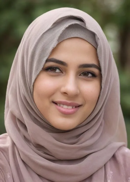 Prompt: attractive hijabi female, smile, floral lining, flirting, (((full body visible))), looking at viewer, portrait, huge chest, photography, hyperdetailed, detailed background, detailed skin, realistic, photo-realistic, 8k, highly detailed, full length frame, High detail RAW color art, diffused soft lighting, sharp focus, hyperrealism, cinematic lighting, forest, Moscow, cinematic lighting, fantasy