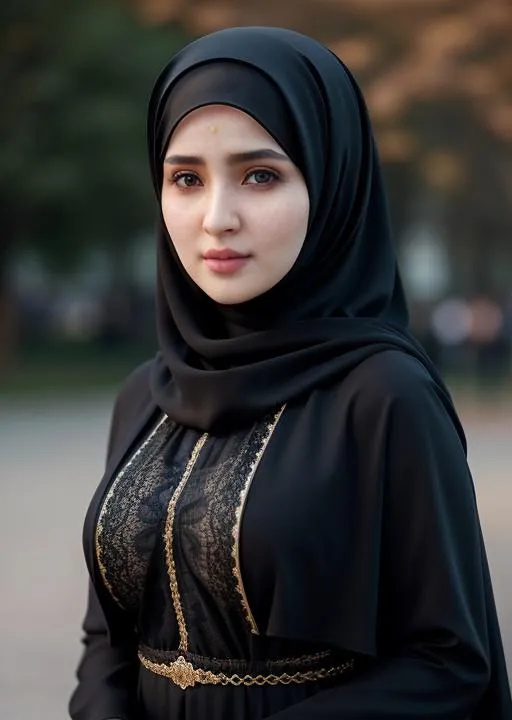 Prompt: highres, 4k, HDR, 1girl, photorealistic, realistic, russian, hijabi woman, abaya, thin face, yangmi, heavy makeup, standing, (((half body))), detailed face, campus background, bokeh, outdoor photoshoot