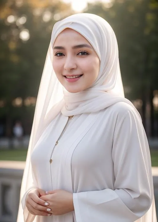 Prompt: highres, 4k, HDR, 1girl, smiling face, happy, photorealistic, realistic, russian, hijabi woman, white abaya, thin face, yangmi, heavy makeup, standing, (((half body))), detailed face, campus background, bokeh, outdoor photoshoot