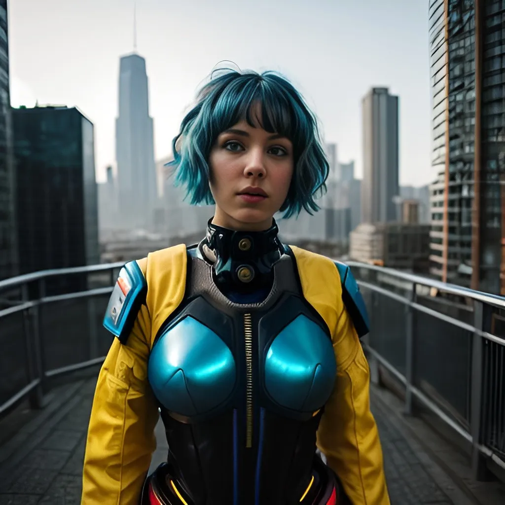 Prompt: (masterpiece:1.3), (best cinematic quality:1.2), (extremely detailed setting:1), (soft+artistic lighting), (1 girl), short blue haired, (eyes+yellow+red:1.4), (multicolored eyes+heterochromia), wearing cyberpunk clothes, futuristic, technological, city scenery with (robots around)0.4], giving dramatic scenery.