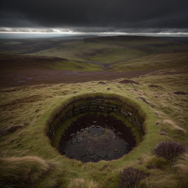 Prompt: A Scottish hilly moorland landscape in hues of green and brown. Rain, dark skies. An ominous rectangular hole whicle looks like a grave has been dug in the foreground. grave. Scotland, Scottish, heather, moor. Photorealistic, 4K image, HD image