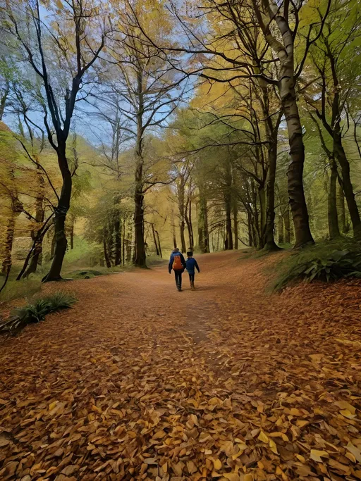 Prompt: Using the uploaded image as a template, create a realistic artistic illustration style image of a man and boy walking through the forest towards the camera. The man is holding the boy's hand. The boy is aged 11 years old. They are both dressed in casual clothes. It is autumn. Golden dappled light filters through the trees. The man and boy are distant from the camera, far away.
