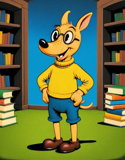 Prompt: An early 1930s depiction of the character Arthur the Aardvark from children's tv cartoon series Arhtur, and the books by Marc Brown. Arthur is an 8 year old anthropomorphic Aardvark who wears a yellow sweater, blue jeans and round glasses. High quality image, HD image, cartoon image