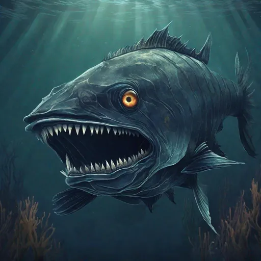 Prompt: underwater, under the ocean, a huge terrifying fish with big sharp pointy teeth is swimming. dark colours, enormous fish,