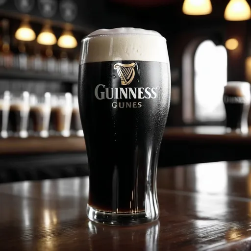 Prompt: A pint of Guinness on a bar. The pint glass glistens as the perfectly poured, cool, black and white drink inside waits to be consumed. Photorealistic, 4k image, HD image, 
