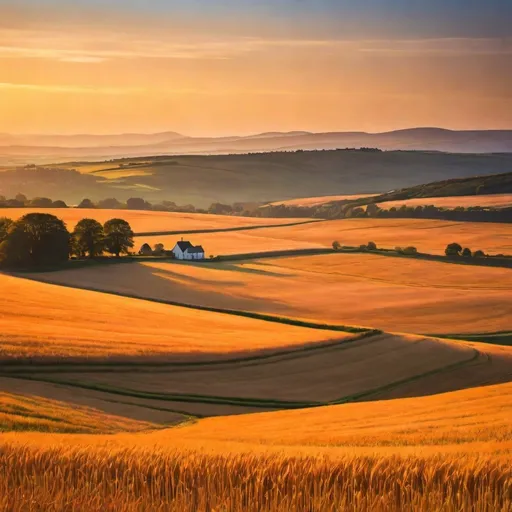 Prompt: dreamlike landscape, open fields, warm sky, sunset, orange hues, red hues, deep blue, golden hour, fields of barley, Scotland, Scottish, distant house, far away, hazy, gorgeous sunset, evening, summertime, autumn, fall, evening, glowing sunset, rolling landscape, harvest time, photorealistic, gaussian, taken on Canon 5D